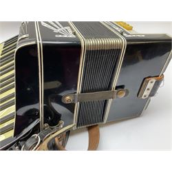 Italian Mantovani piano accordion with Art Deco style black and white case, twenty-four keys and one-hundred and twenty buttons L52cm in carrying case
