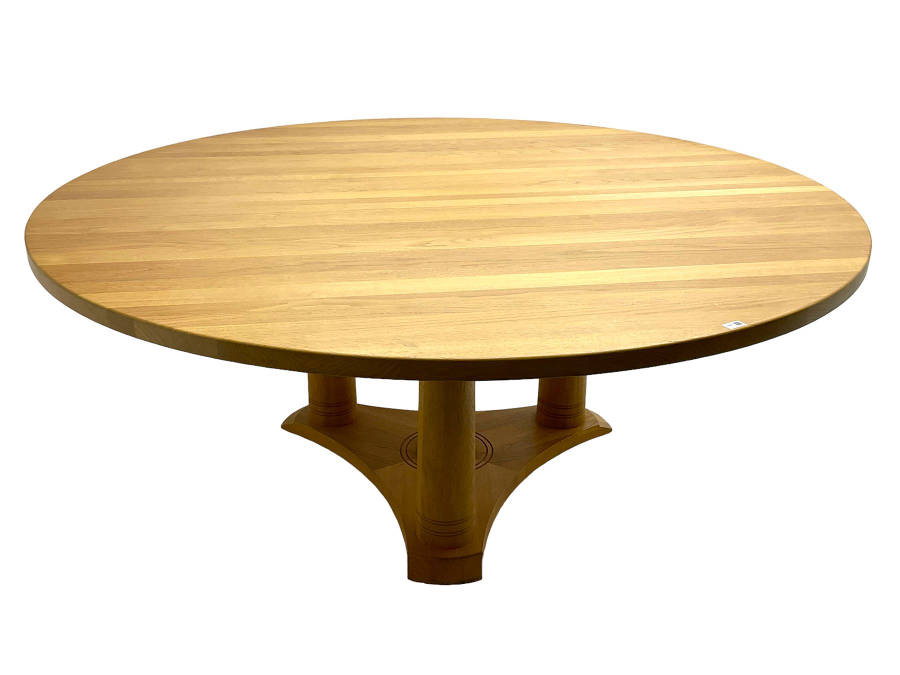 Chris Berry for Berrydesign - contemporary bespoke solid light oak dining table, circular top over ring turned triple pedestal with triform base