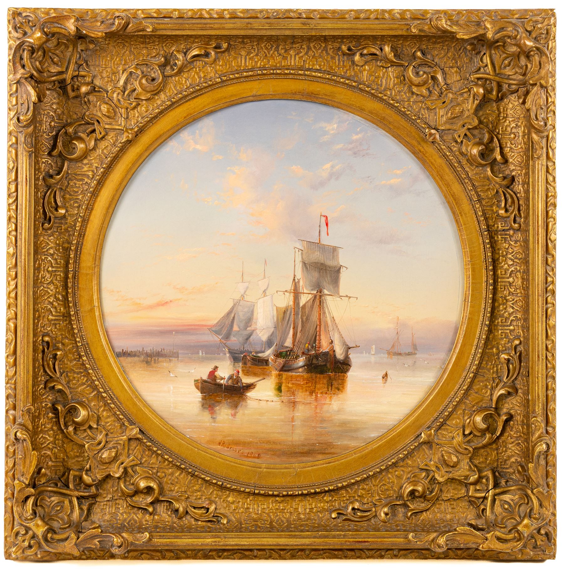 Henry Redmore (British 1820-1887): 'Barges and Other Shipping Drying their Sails in an Estuary Anchorage', circular oil on canvas signed and dated 1860, titled on gallery label verso 33cm diameter 
Provenance: exh. Frost & Reed, label verso