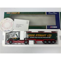 Corgi Eddie Stobart - three lorries; limited edition CC12802 Scania T-Cab Bulk Tipper; limited edition CC13201 DAF XF Super Space Cab Curtainside; and CC13401 MAN TGA Curtainside; all boxed (3)