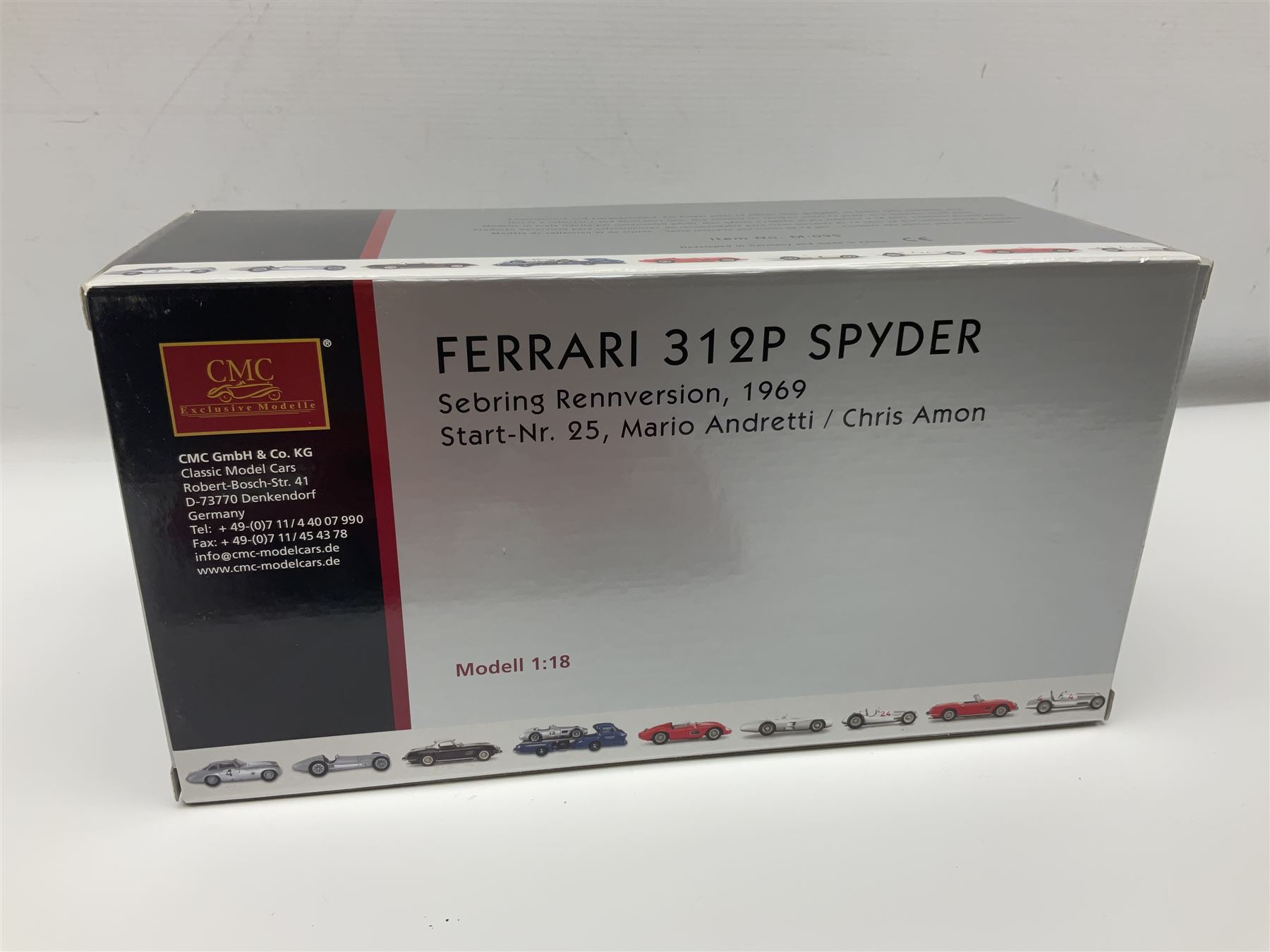 CMC 1:18 Scale Model of a Ferrari 312P Spyder 'Sebring Rennversion, 1969, Start-Nr. 25, Mario Andretti / Chris Amon'; manufactured by CMC Exclusive Modelle; No. M-095. Serie Nr. 1365 with certificate. Fully constructed and out of box with original box, accessories, packaging and paperwork.