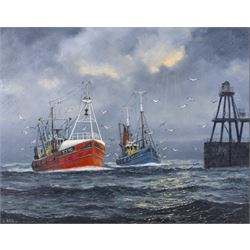 Jack Rigg (British 1927-2023): Kirkcaldy and Whitby Trawlers Returning to Harbour, oil on ...