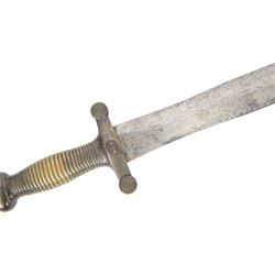 French 1832 Pattern Gladius short sword, the 49cm double edged blade inscribed to the ricasso, cast brass hilt with groove grip and short quillons, brass mounted leather scabbard, scabbard and sword both marked 994, overall L66cm