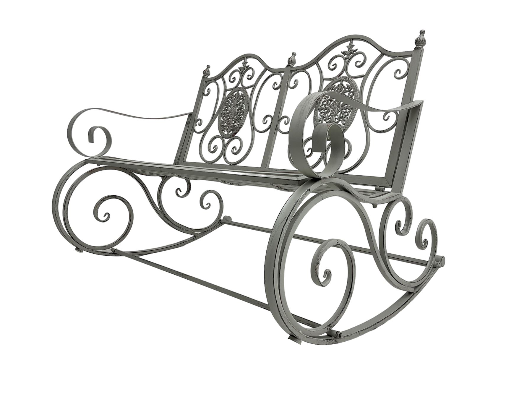 Regency design wrought metal rocking garden two seat, pierced back with scroll design over strap seat, with C-scroll back supports, in antique grey finish
