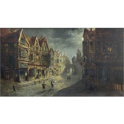 Frank Hider (British 1861-1933): 17th century Street Scene by Moonlight, oil on canvas signed and dated 1886, 59cm x 106cm