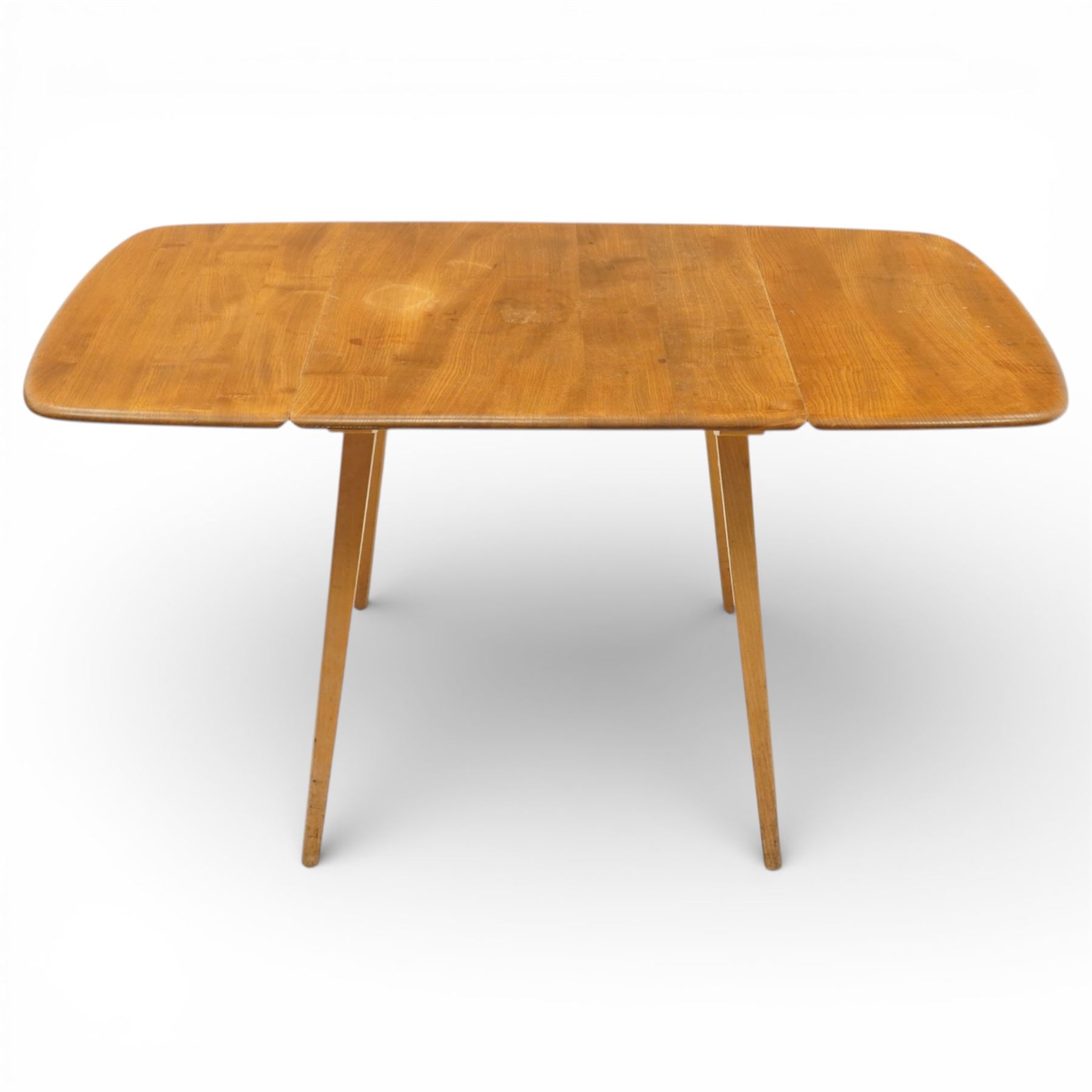 Ercol - model ‘383’ elm and beech drop-leaf table, rounded rectangular top extending to 136cm, on square tapering supports
