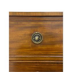 Regency period inlaid mahogany chest, rectangular top with boxwood stringing and satinwood band, fitted with three long cock-beaded drawers, pressed brass handle plates decorated with urns and ring handles, shaped apron on out-splayed bracket feet