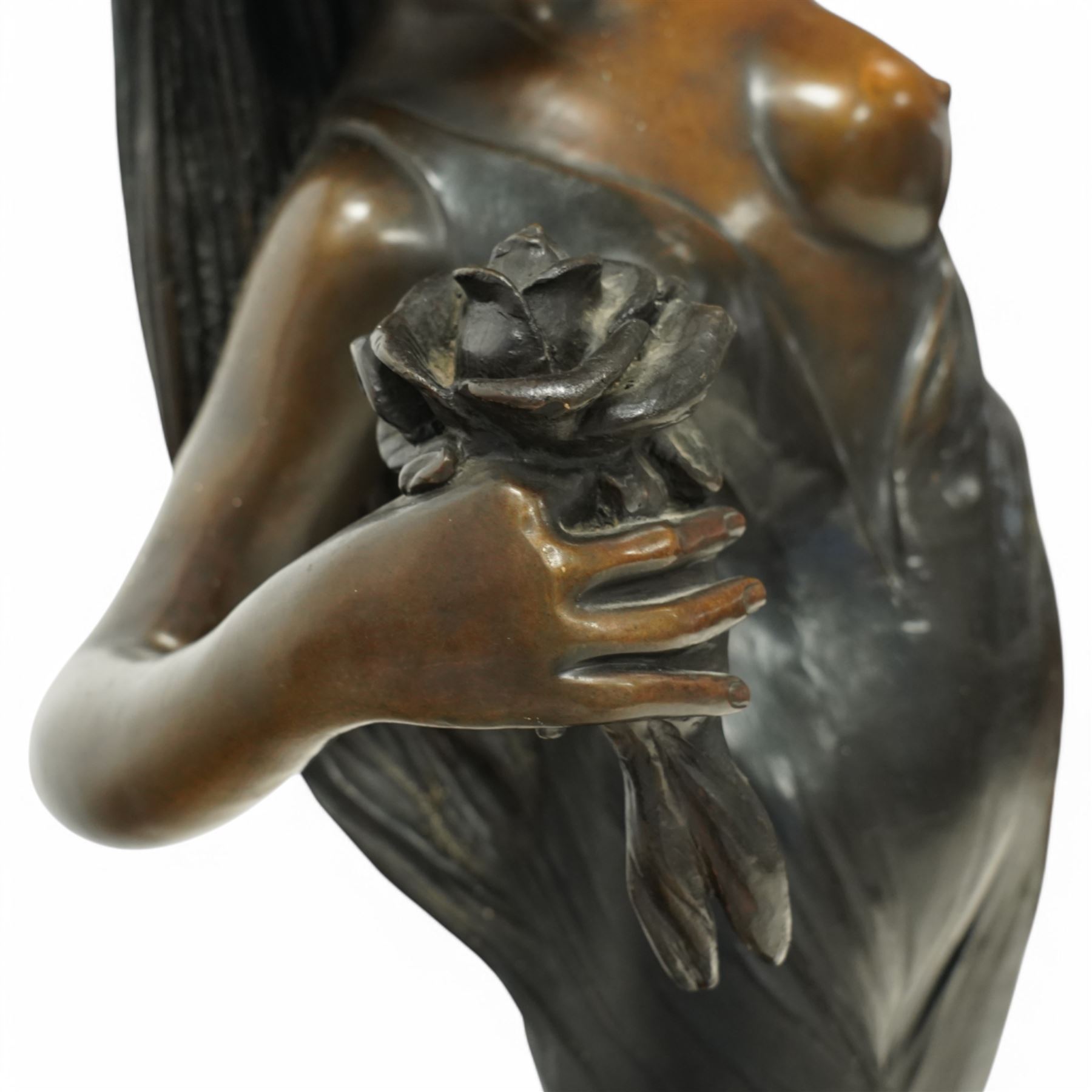 Giorgio Ceragioli (Italian 1861-1947): 'Danza Del Flori' -The Flower Dancer, large patinated bronze figure of a female dancer draped in a flowing garment and holding a rose, on a circular naturalistic floral base, on a marble plinth, signed and dated 1910, titled to the front, H140cm