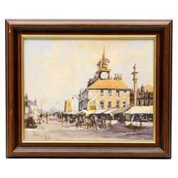 Colin Russell (Northern British 1932-2009): 'Stockton Town Hall', oil on board signed 20cm x 24cm