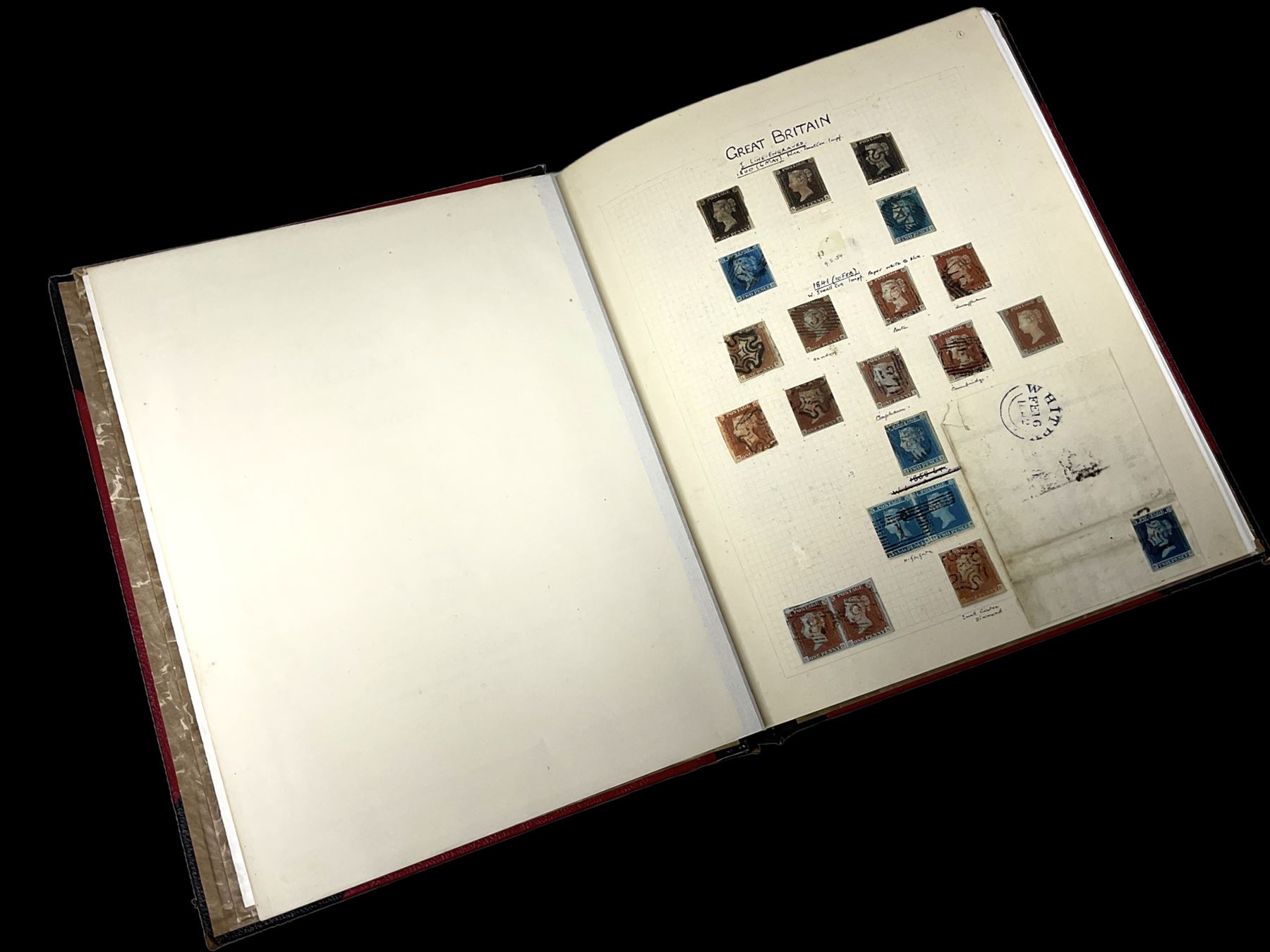 Mostly Great British Queen Victoria stamps, including five 1840 penny blacks four with red and one with black MX cancels, imperf penny reds including examples with MX cancels, perf penny reds, half penny 'bantams', various QV surface printed issues, penny lilac block, 1887-92 unused block of forty-two one halfpenny stamps etc, housed in 'The Paragon Postage Stamp Album