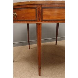  19th century Sheraton Revival satinwood oval rent centre table, leather inset chequer and cross banded top outlined with satinwood stringing, frieze with two pull and four hinged corner crossbanded drawers on six slender tapering supports, with amboyna ovals, W138cm, H79cm, D91cm: Provenance: West Heslerton Hall  