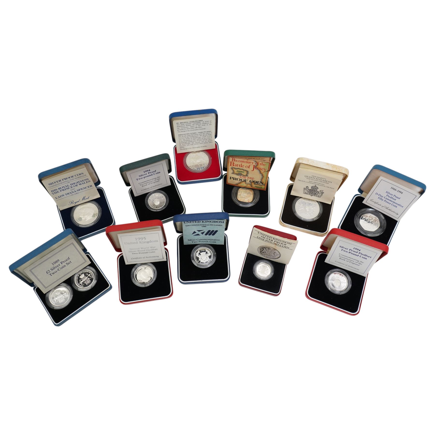 Eleven The Royal Mint United Kingdom silver proof coins or sets, comprising 1977 crown, 1980 crown, 1981 Jersey one pound, 1981 crown, 1983 one pound, 1986 two pound, 1989 two pound two coin set, 1994 piedfort fifty pence, 1994 two pound, 1994 piedfort two pound, and 1995 piedfort two pound, all cased with certificates