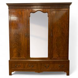 Waring and Gillow - Edwardian style figured mahogany three-section figured wardrobe, mould...