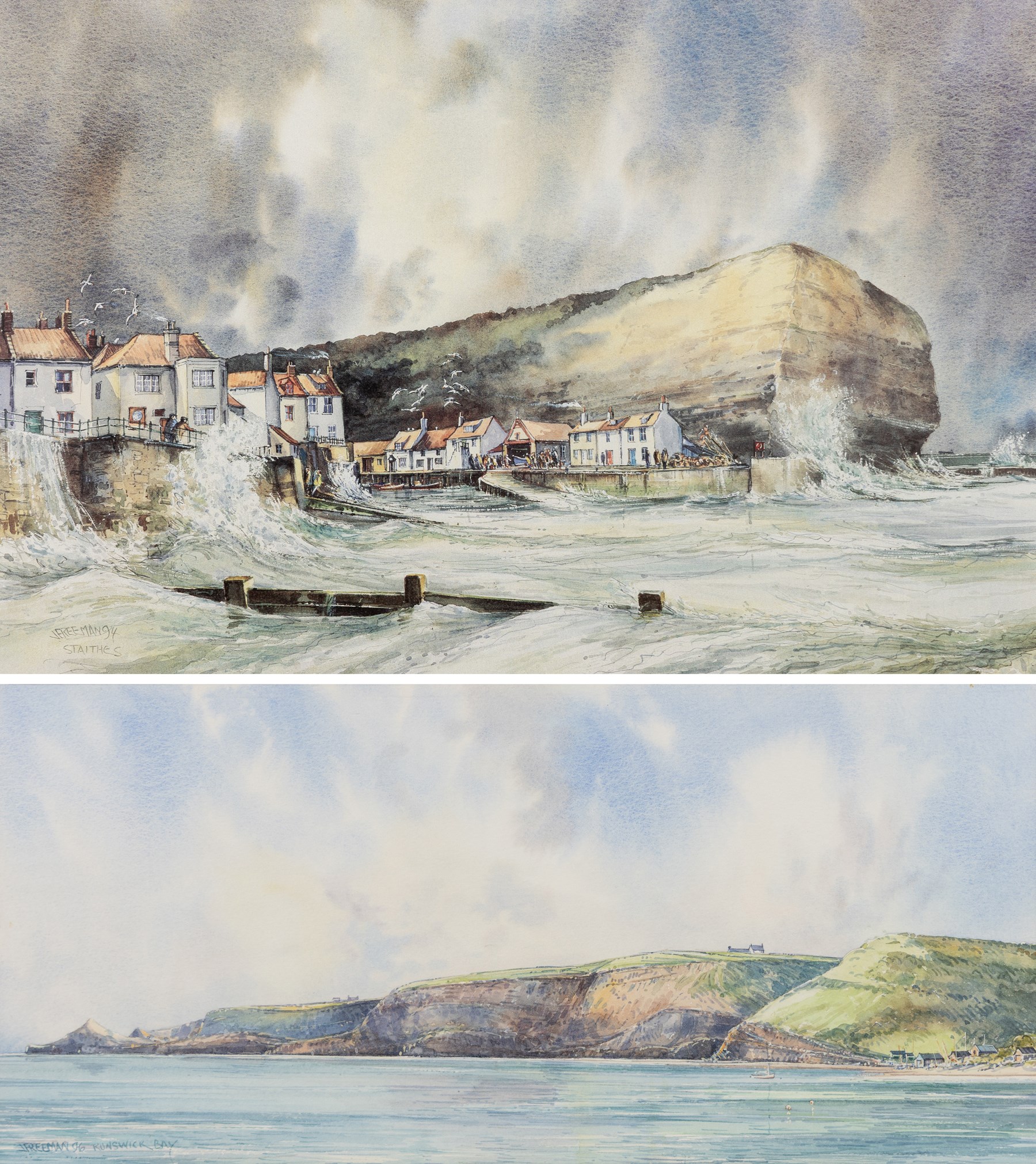 John Freeman (British 1942-): 'Runswick Bay' and 'Staithes', one watercolour signed titled and dated '96 and one limited edition coloured print signed and numbered 8/500 in pencil max 25cm x 38cm (2)