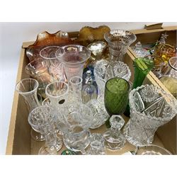 Large collection of glassware to include carnival glass, art glass paperweight, coloured glass, uranium glass, together with three covered steines, ceramic decanters etc, in four boxes 