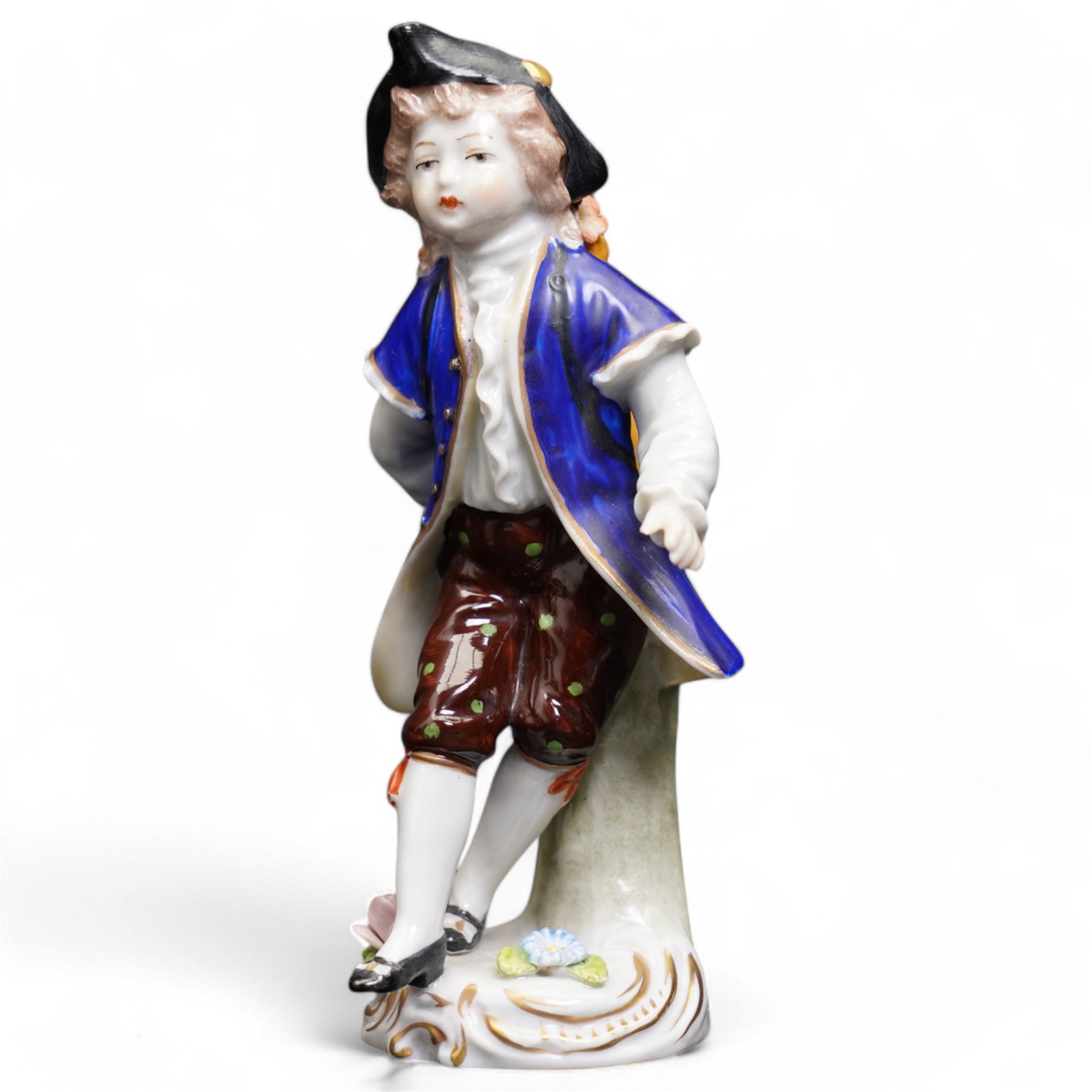 Group of Sitzendorf porcelain figures, one modelled as two children with birds and lambs, the others holding and offering flowers, each upon gilt detailed base, with painted marks beneath (4)