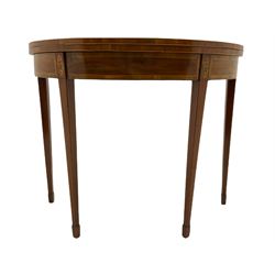 Georgian mahogany demi-lune card table, inlaid and crossbanded, hinged fold-over top, twin gate-legs