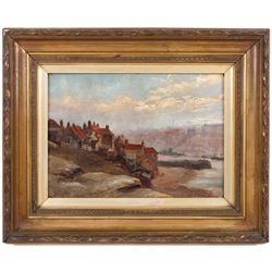C Holmes (British 19th/20th Century): Clouds over Whitby, oil on canvas signed, 24cm x 34cm; Hely Augustus Morton Smith (British 1862-1941): Entering Whitby Harbour, watercolour signed 42cm x 30cm; W Berkeley (British 19th Century): The Doorway, watercolour signed and dated '04, 23cm x 19cm (3)
