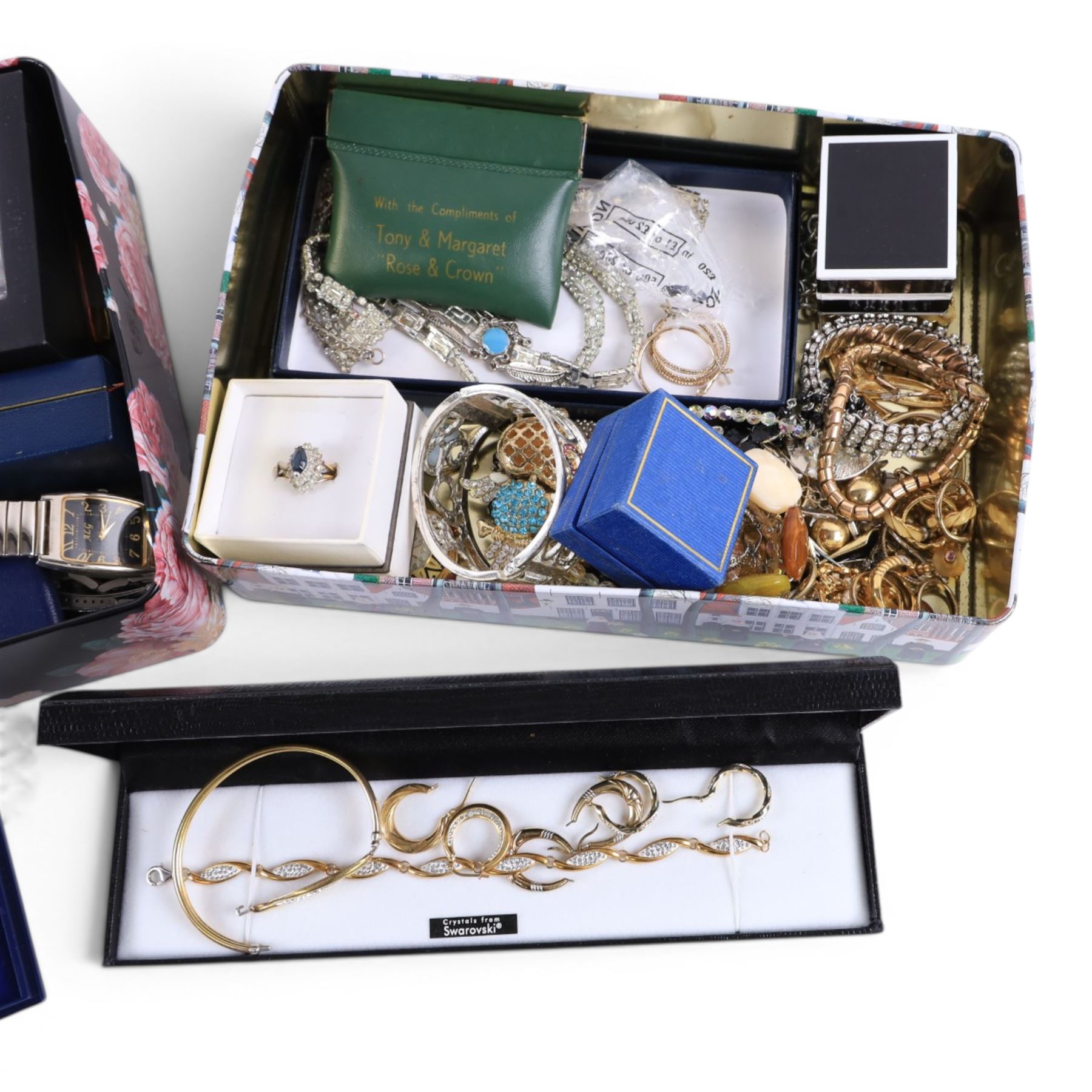 Silver jewellery, including locket, gate bracelet, St Christopher, silver-gilt hoops and bracelets and a collection of costume jewellery and wristwatches