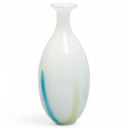 Art Nouveau style blue and white glass vase, of baluster form with elongated neck, the decorative green stems leading towards a petal shaped rim, H29cm; together with four similar art glass vases, tallest H36cm (5)