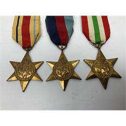 Group of five WWII medals comprising 1939-45 War Medal, Defence Medal and Italy, Africa and 1939-45 Stars; all with ribbons (5)