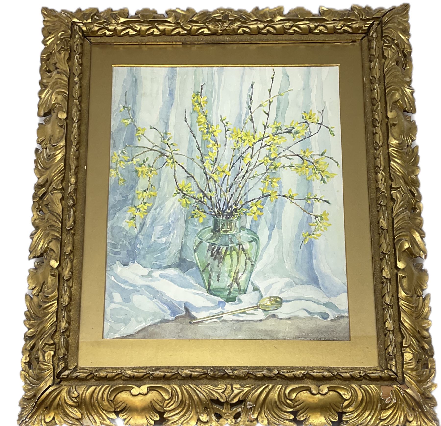 A Maud Parsons (British 20th Century): Yellow Flowers in a Vase, watercolour signed, in ornate hand-carved Florentine gilded frame 47cm x 35cm