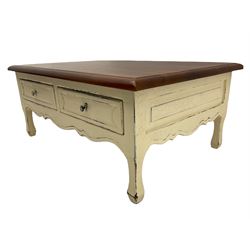 Laura Ashley coffee table, hardwood rectangular top on distressed painted base fitted with two drawers