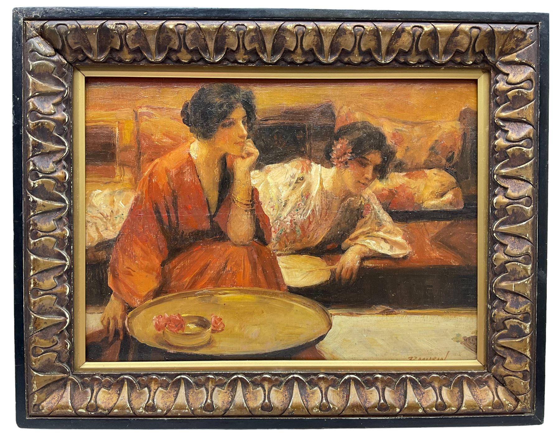 Paul Musin (Belgian 20th Century): Two 1920s Ladies on a Train, oil on panel signed 23cm x 32cm