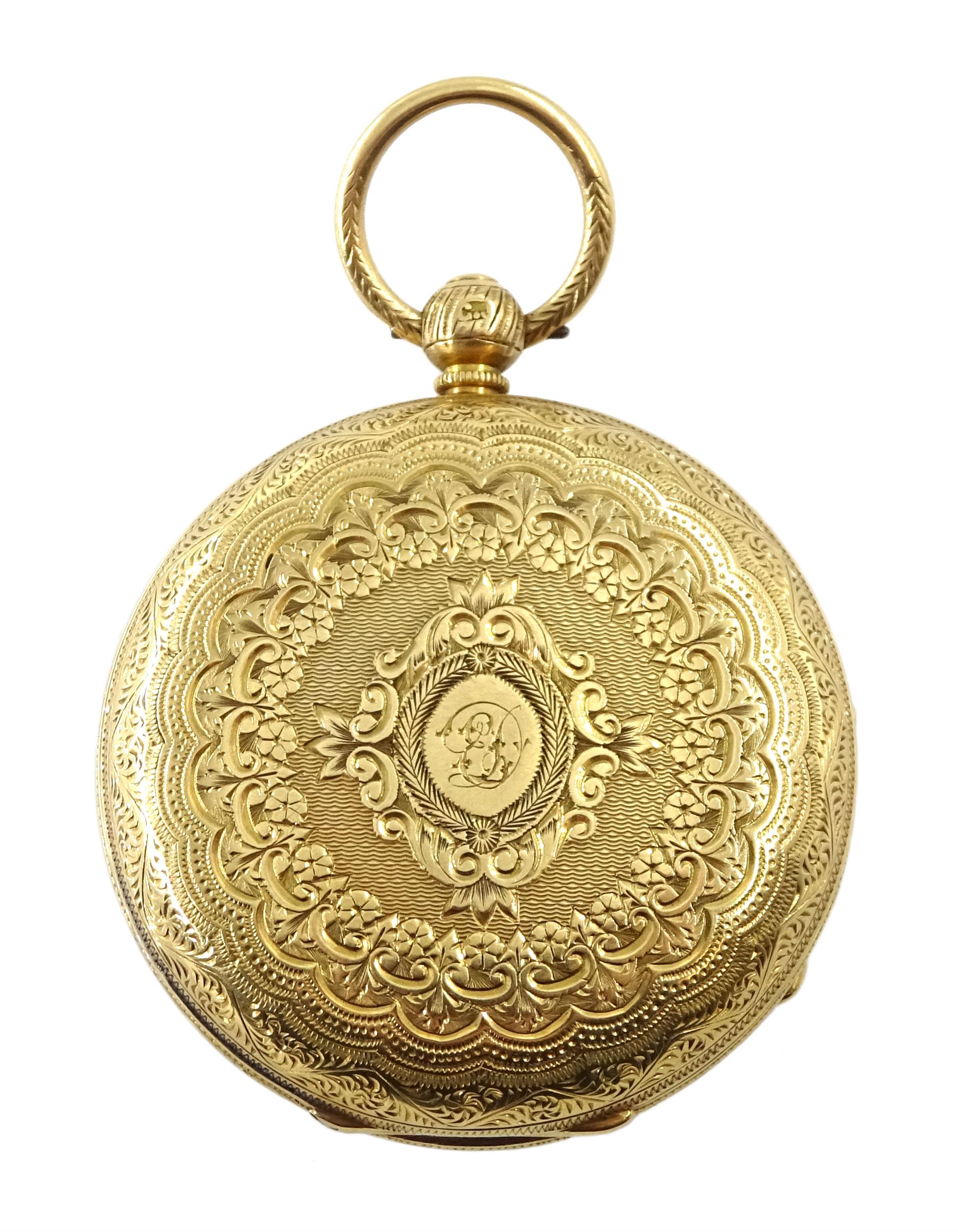 Victorian 18ct gold open face English lever ladies pocket watch by Robert Sutton, Whitehaven, No. 95098, white enamel dial with Roman numerals, case by Rotherham & Sons, Birmingham 1891, in original velvet and silk lined case