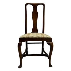 Pair of 19th century Queen Anne design walnut framed side chairs, yoke crest rail over vase-shaped splat, upholstered drop-in seats, raised on cabriole supports with pad feet united by turned stretchers