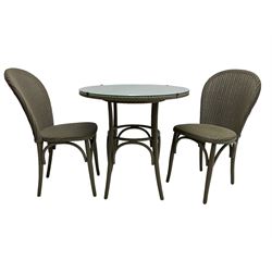 Lloyd Loom - three-piece grey painted wickerwork bistro set, circular glass top table (D76cm, H76cm); and pair matching side chairs 