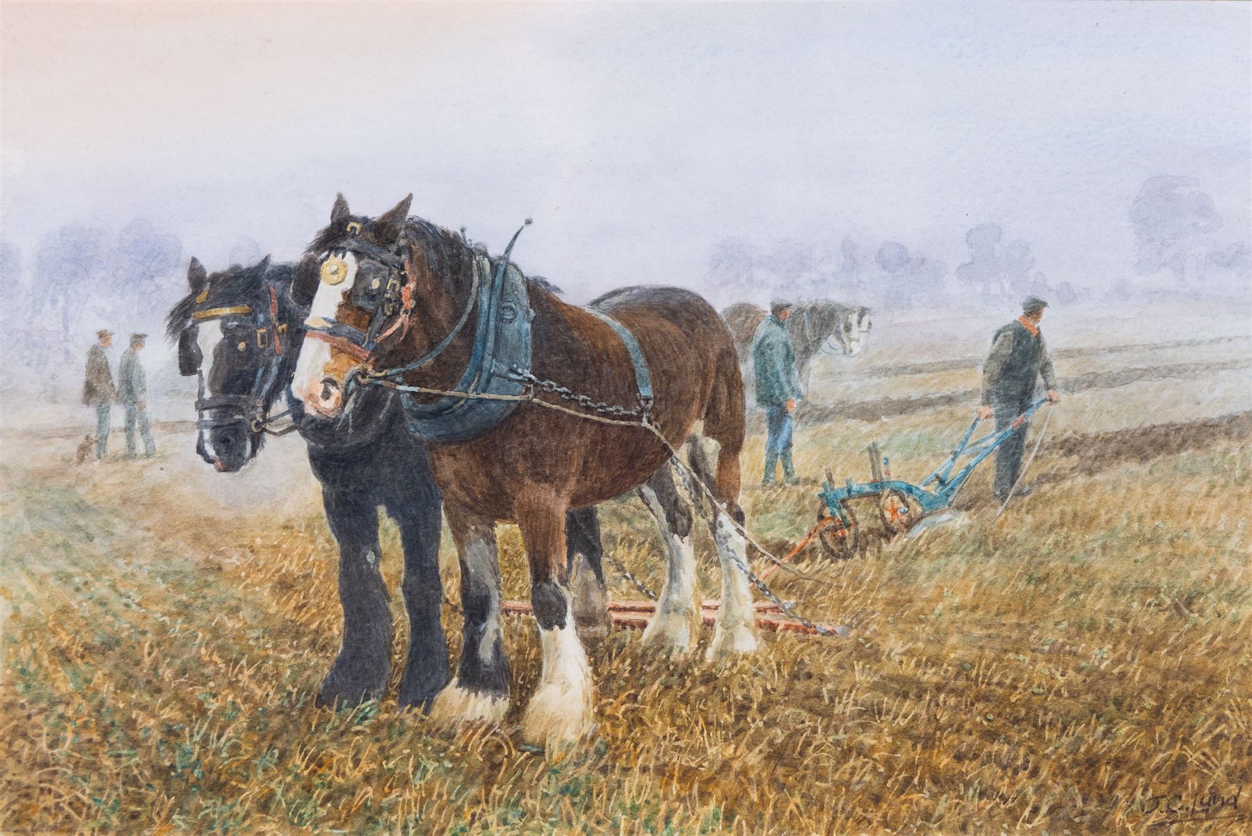 John Cecil Lund (British 1932-): Draught Horses Ploughing, watercolour signed 20cm x 30cm 