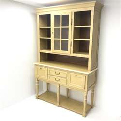 Painted dresser, projecting cornice,  two display doors above two central drawers flanking two cupboards turned supports joined by undertier W144cm, H215cm, D50cm