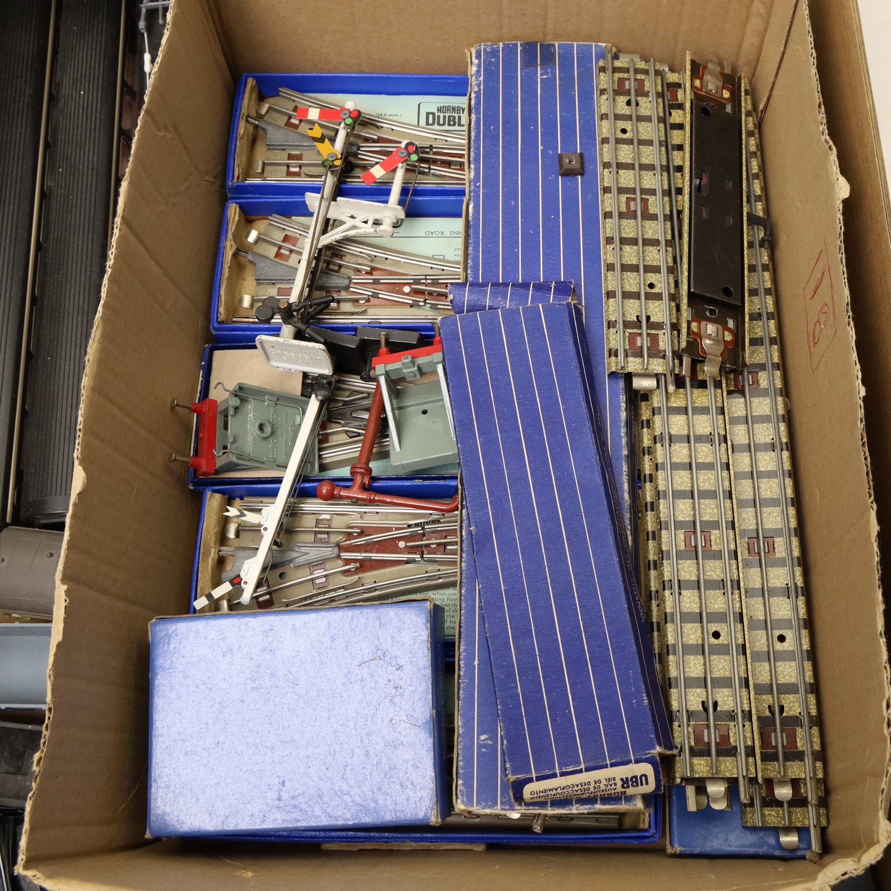 Model railway items - track, carriages etc, contents in two boxes
