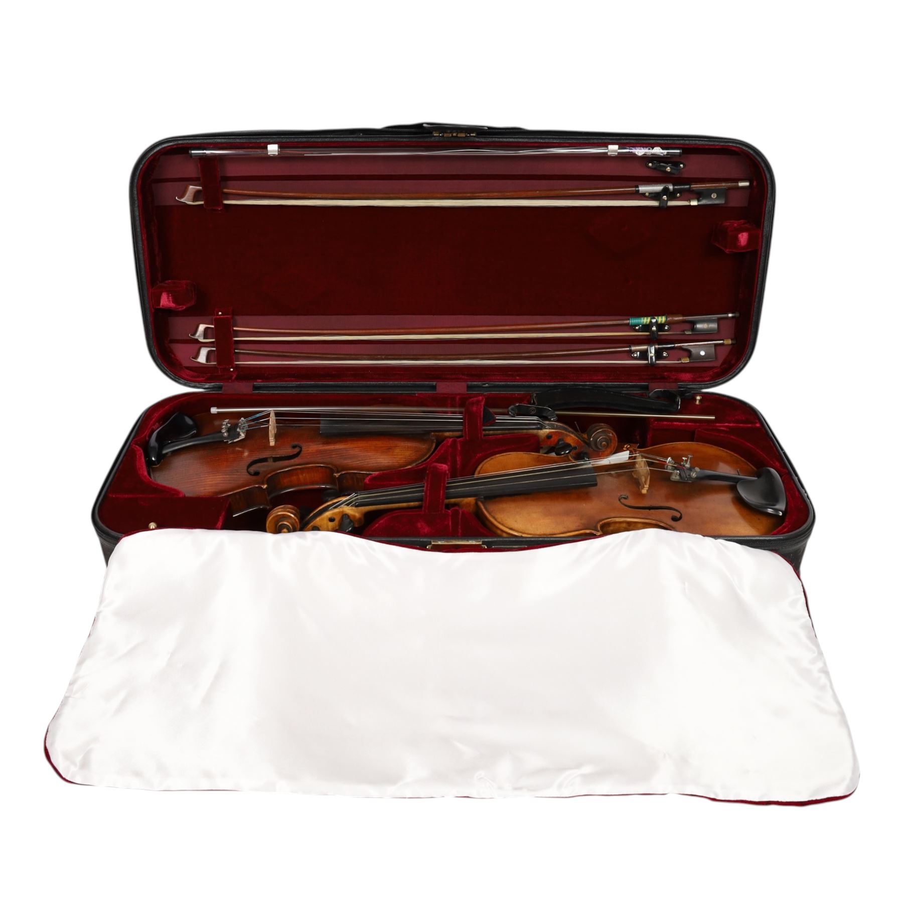 Two 19th century violins, each with two piece maple backs, ebonised wooden pegs and finger boards and modern plastic chin rests, with two bows, all contained within a modern two-violin soft case with red interior