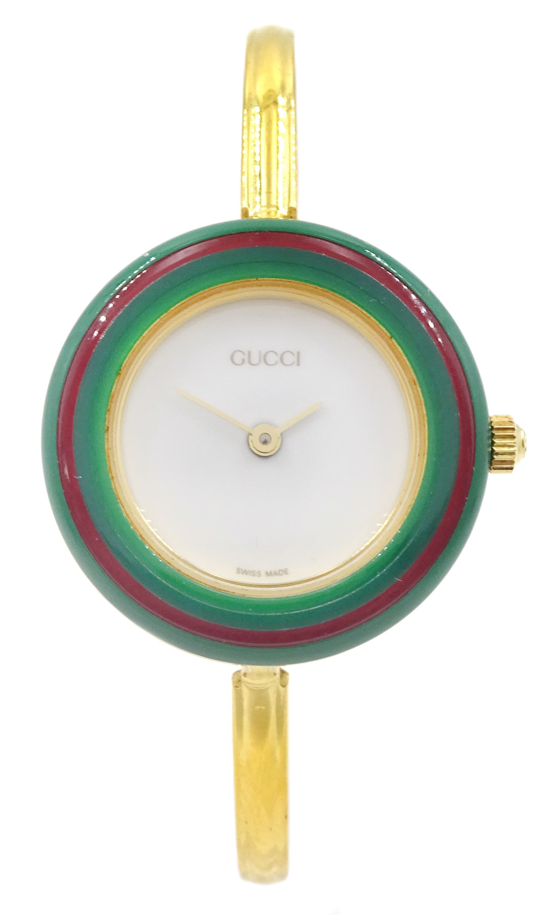 Gucci ladies gold-plated quartz wristwatch, Ref. 11/12.2, with eleven interchangeable coloured ring bezels, boxed with warranty card dated 1997 