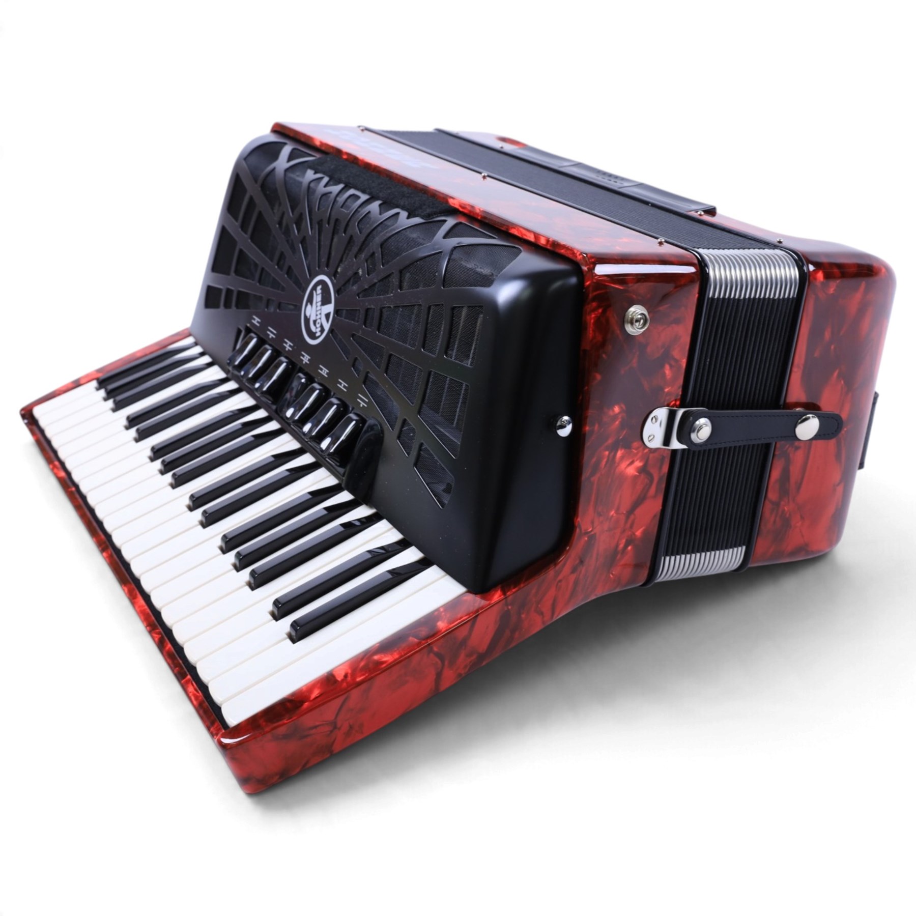 Hohner Bravo III accordion, with 96 bass buttons, pearlescent red case, with Hohner soft carry case and a Microvox microphone