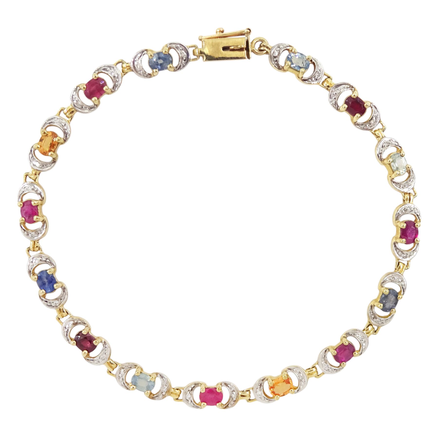 9ct gold fancy sapphire, ruby and diamond bracelet