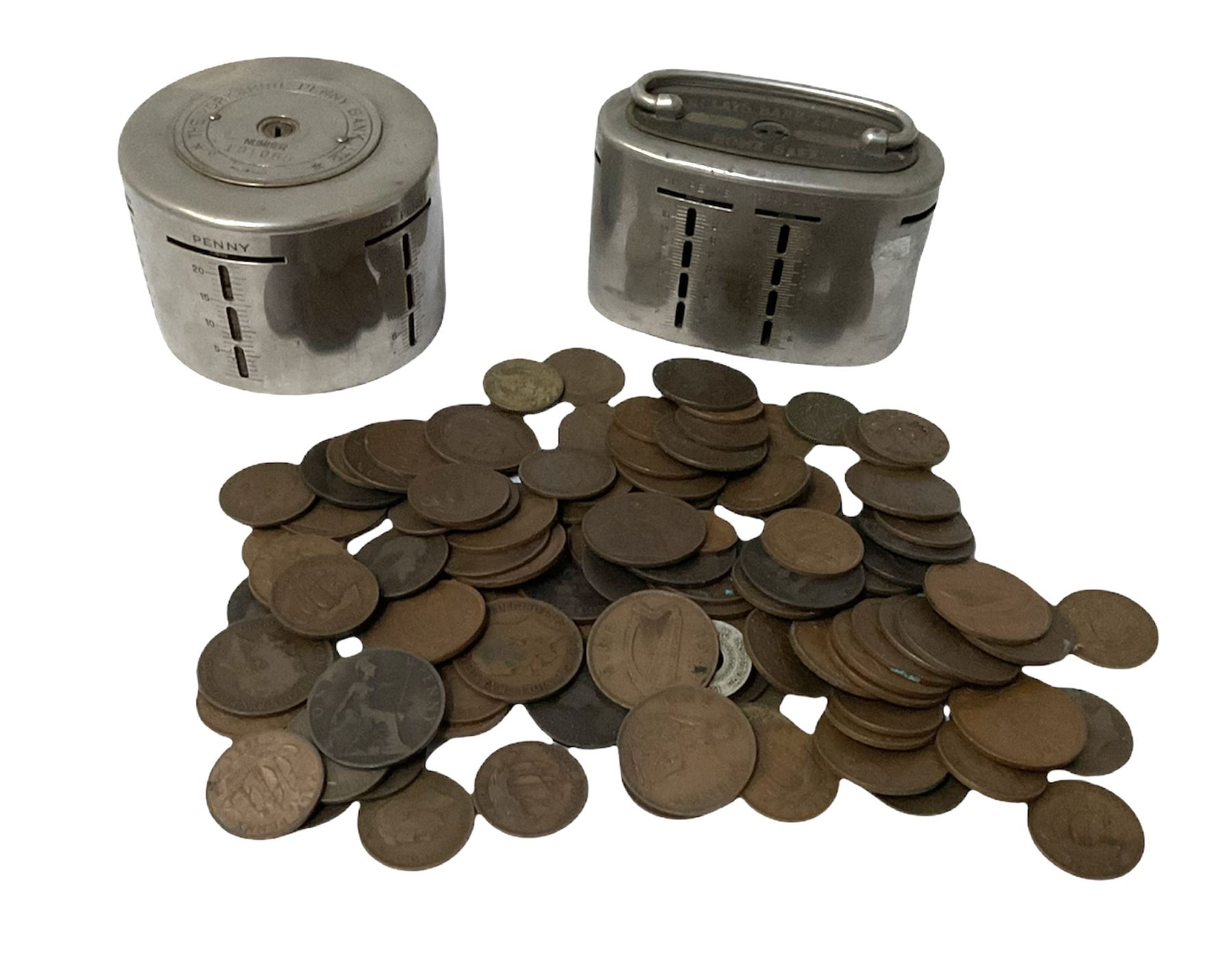 The Yorkshire Penny Bank Ltd money box containing coins and another Barclays Bank Limited Home Safe and a quantity of loose coins, no keys