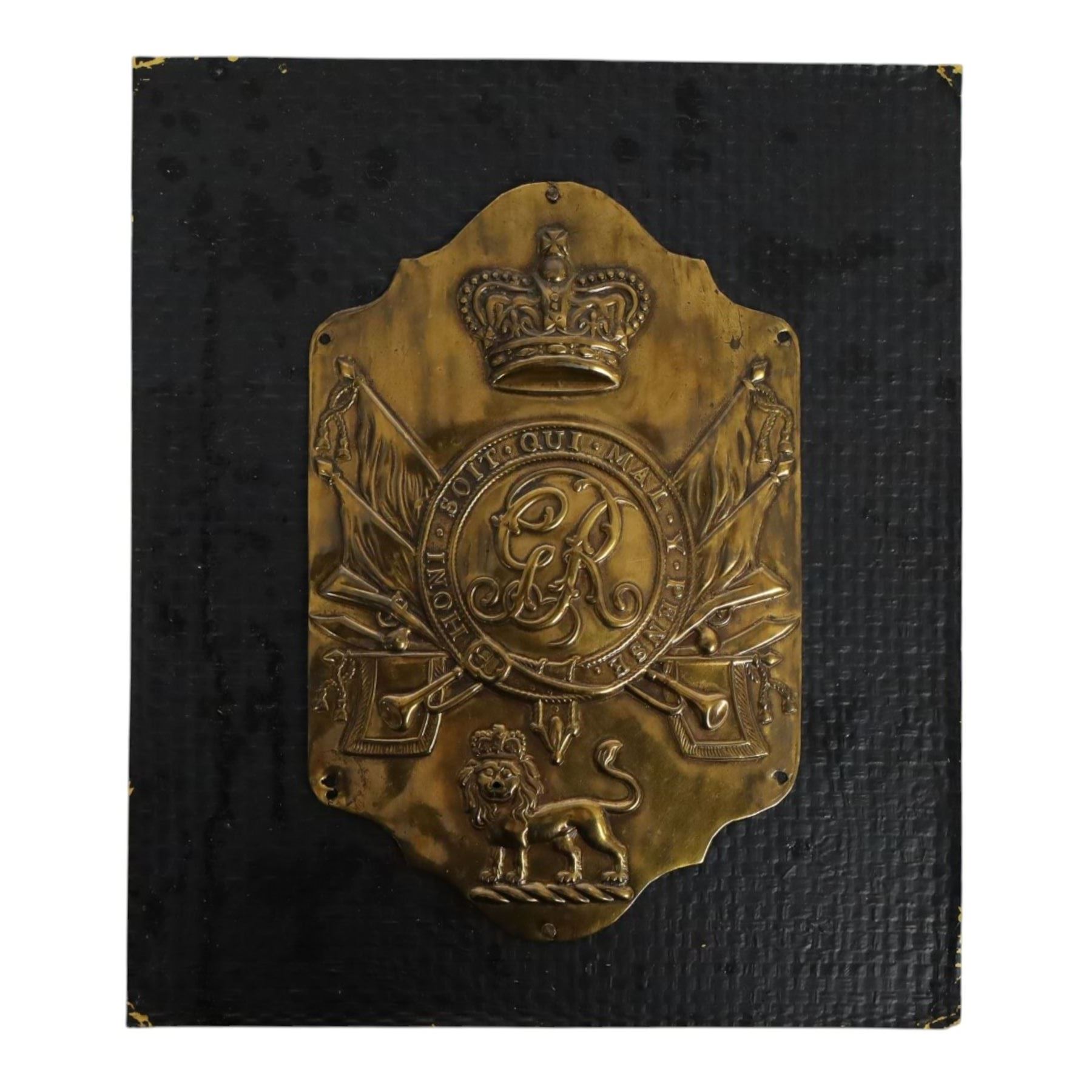 British circa 1800 stovepipe shako plate, other rank, mounted upon a wooden plaque, shako H15cm