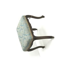 French walnut dressing stool, upholstered in patterned fabric, shaped stile supports 
