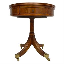 Wade - Georgian design yew wood drum side table, banded circular top with reeded edge, fitted with single cock-beaded drawer, raised on turned pedestal with splayed supports and castors
