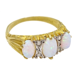 Silver-gilt three stone opal and cubic zirconia ring, stamped Sil