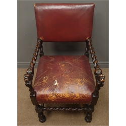  Pair early 20th century armchairs, leather upholstered back and seats, barley twist supports and arms with carved recumbent lion terminals, W55cm  