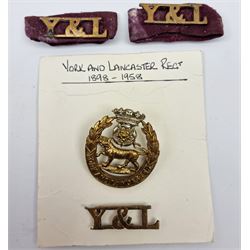 Collection of assorted militaria and other items, comprising York and Lancaster cap badge and shoulder titles, quantity of Staybrite buttons including York & Lancaster Regiment and Duke of Wellington West Riding Regiment, Royal Antediluvian Order of Buffaloes medal, forage/side cap with buttons, quantity of eyeshields, stable belt, various enamel badges and cuff links etc. 