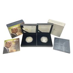 Two The Royal Mint United Kingdom silver proof piedfort five pound coins, comprising 2017 'Prince Philip Celebrating a Life of Service' and 2022 'The 40th Birthday of HRH The Duke of Cambridge', both cased with certificates 