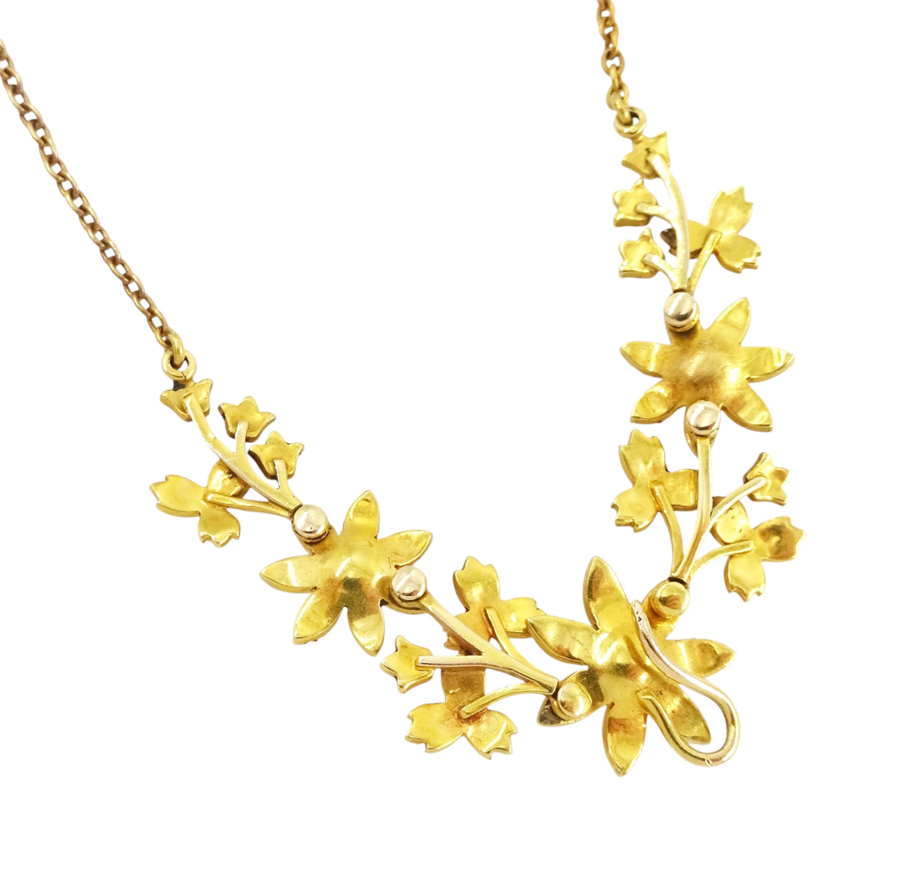 Edwardian 15ct gold split pearl flower head and foliate necklace, with detachable 18ct gold old cut diamond and split pearl flower head pendant, in fitted velvet and silk lined box