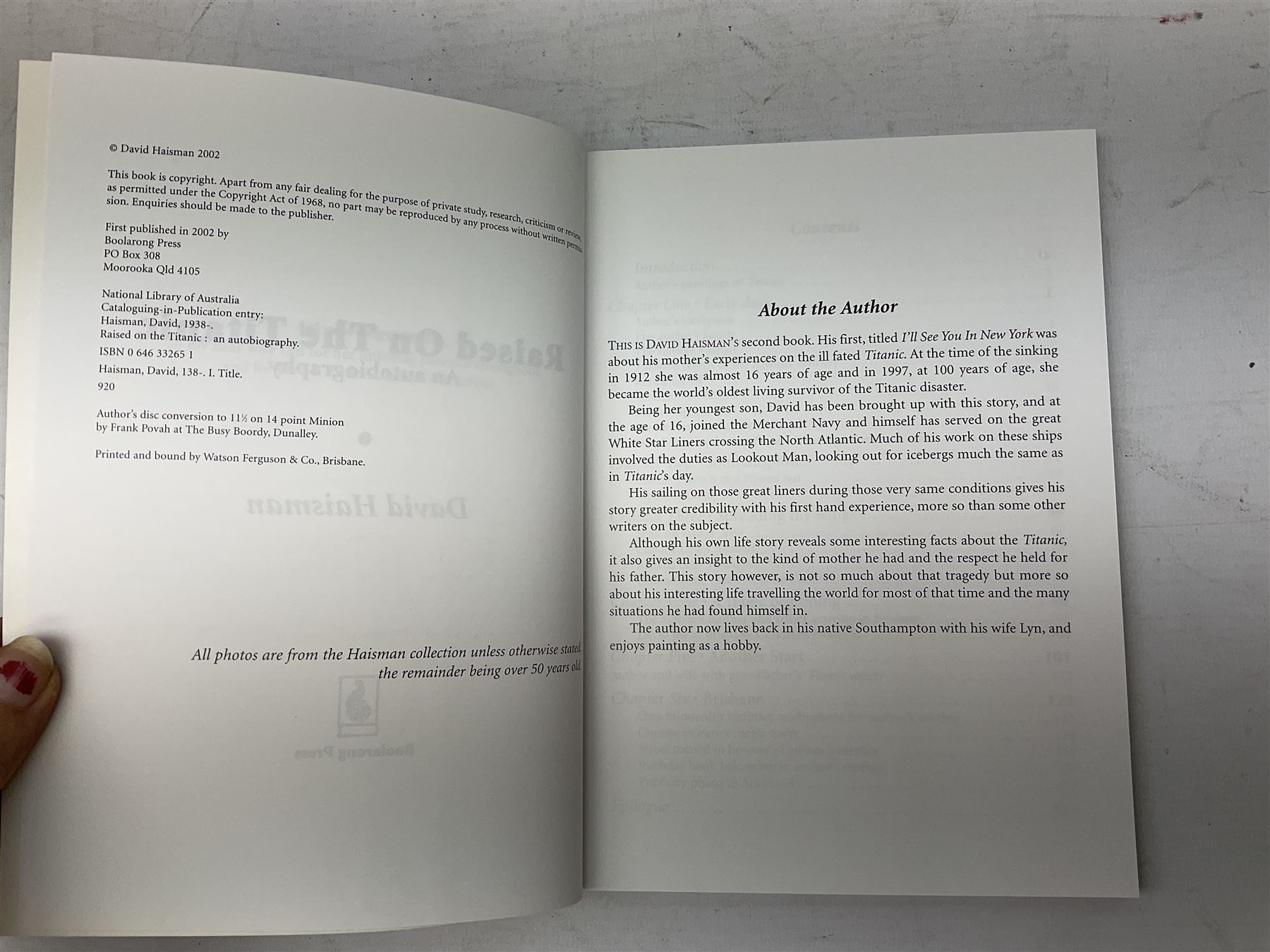 Titanic cover with Canadian cancellation signed David Haisman and cover with Queenstown cancellation signed by stamp designer, book signed David Haisman, two Titanic covers and book signed David Haisman, Titanic Facsimile postcard signed David Haisman and cover with Alderney cancellation signed by stamp designer, Biography of Edith Brown signed David Haisman (9)