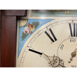 Musson of Louth - mid-19th century oak and mahogany 8-day longcase clock, with a swan’s neck pediment and ball and spire brass finial, break arch hood door flanked by reeded pilasters with brass capitals, canted angled trunk, flat topped door with concave corners, rectangular plinth on bracket feet, fully painted break arch dial with Roman numerals and minute track, subsidiary seconds dial and calendar aperture, matching stamped brass hands, eight day rack striking movement with anchor escapement. With weights and pendulum.
H206 W44 D23
Balthazar Musson from Baden (Germany) is recorded as working in Louth from 1835, naturalised 1861-8. Succeeded by his son, George Balthazar 1872-1920. 
