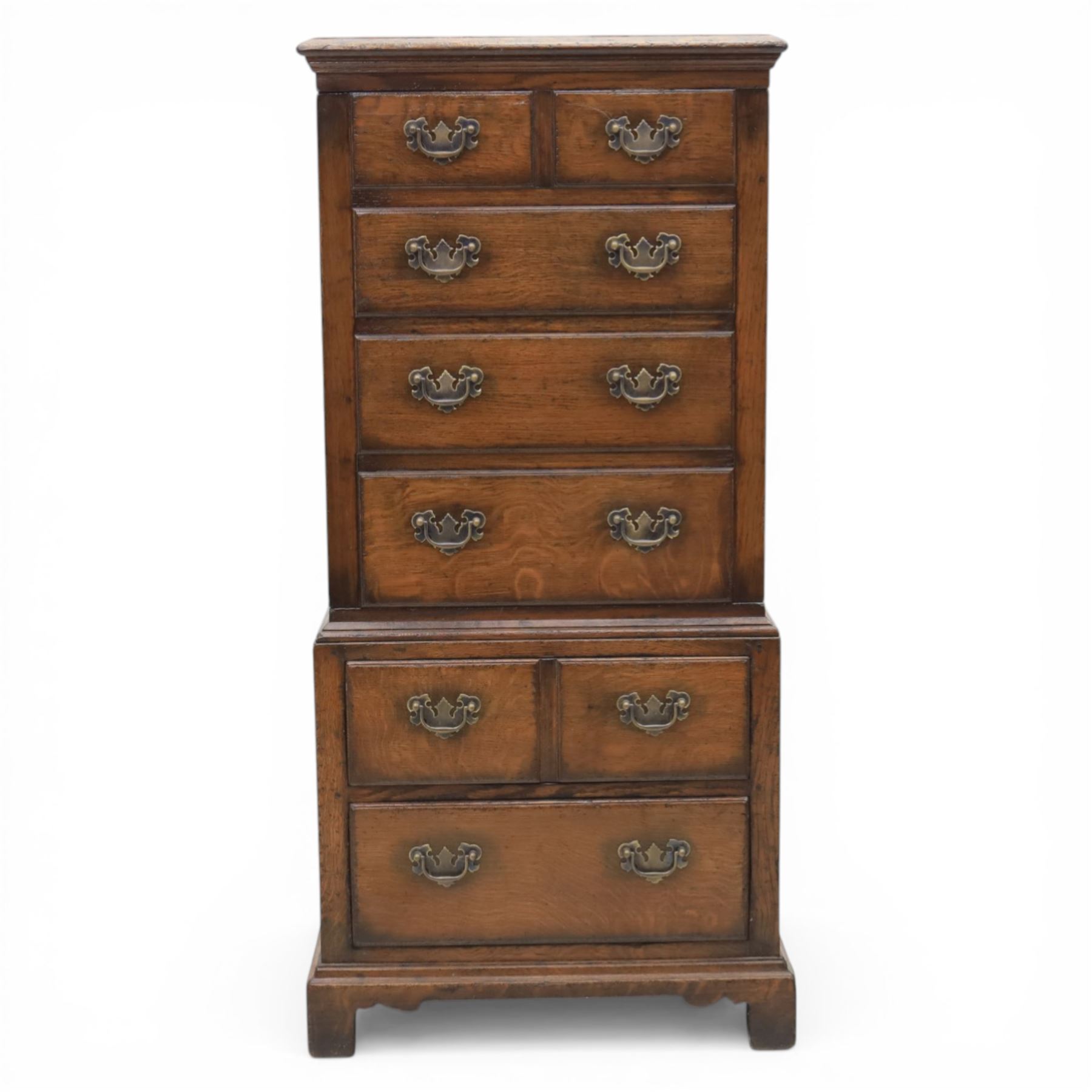 Titchmarsh & Goodwin - Georgian design small oak cabinet in the form of a tallboy, false drawers with cupboard top, over two long drawers raised on bracket feet 